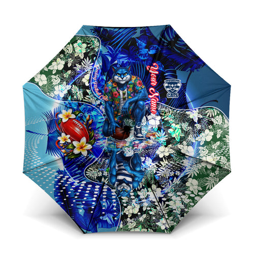 Personalized Geelong Football Cats Umbrella Tropical Hibiscus Flowers - Pacific Fusion Style