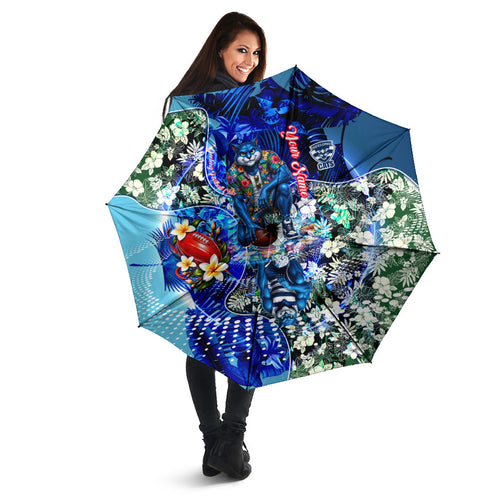 Personalized Geelong Football Cats Umbrella Tropical Hibiscus Flowers - Pacific Fusion Style