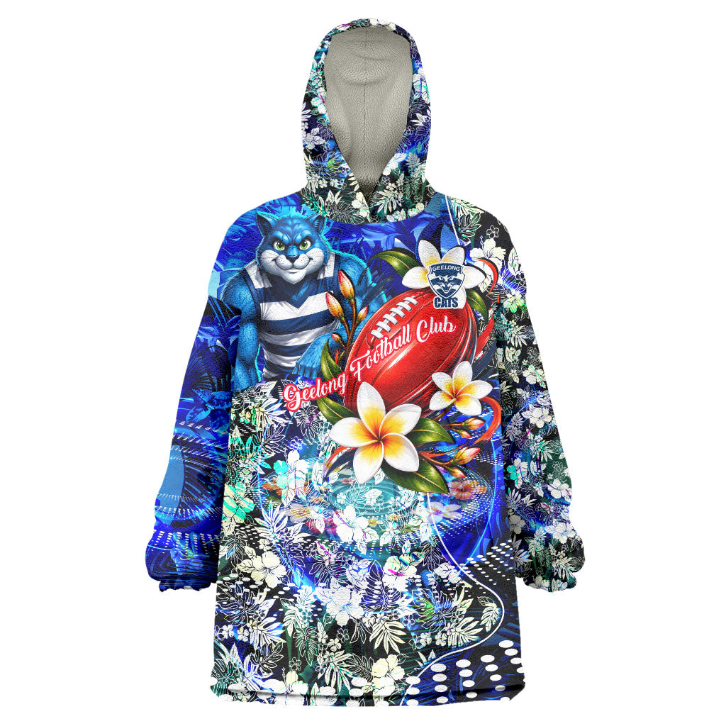 Personalized Geelong Football Cats Wearable Blanket Hoodie Tropical Hibiscus Flowers - Pacific Fusion Style