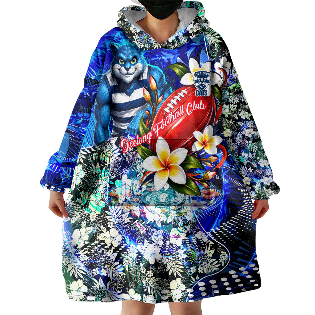 Personalized Geelong Football Cats Wearable Blanket Hoodie Tropical Hibiscus Flowers - Pacific Fusion Style