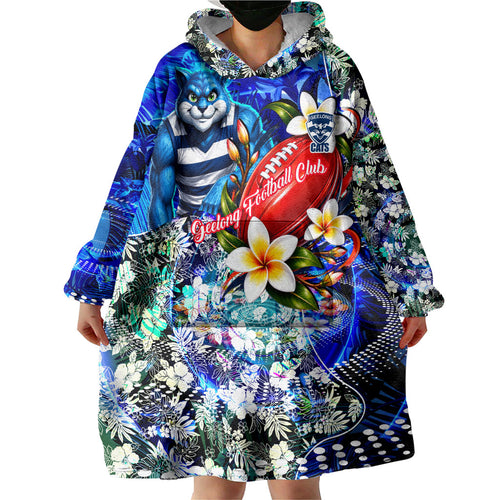 Personalized Geelong Football Cats Wearable Blanket Hoodie Tropical Hibiscus Flowers - Pacific Fusion Style
