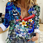 Personalized Geelong Football Cats Women Casual Shirt Tropical Hibiscus Flowers - Pacific Fusion Style