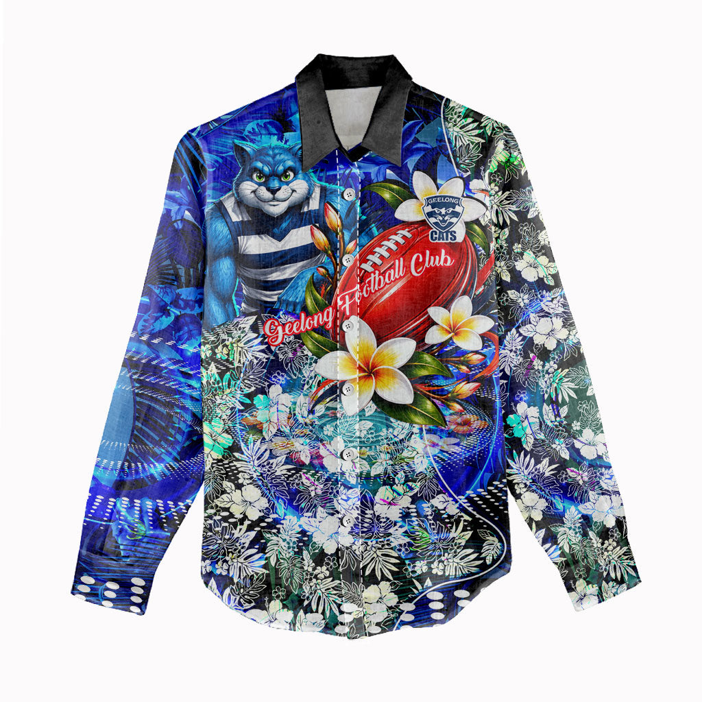 Personalized Geelong Football Cats Women Casual Shirt Tropical Hibiscus Flowers - Pacific Fusion Style