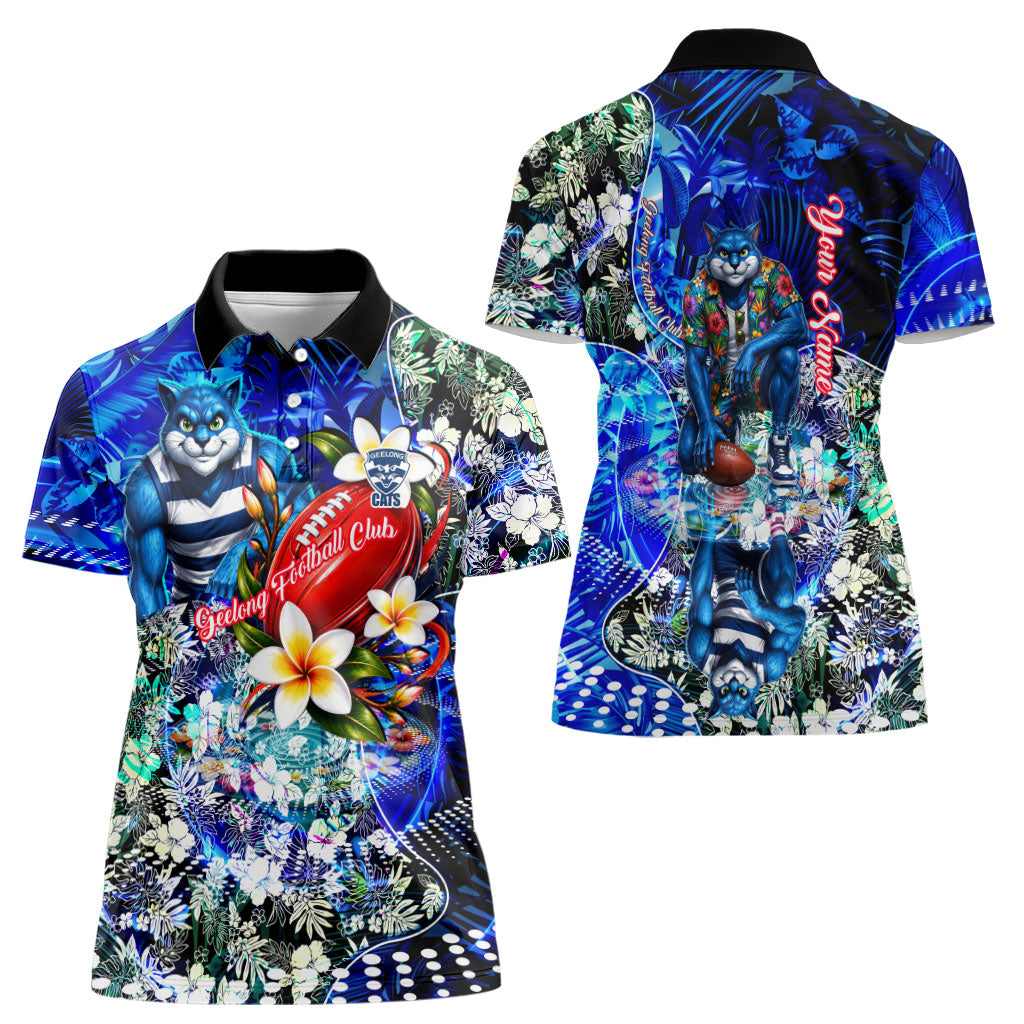 Personalized Geelong Football Cats Women Polo Shirt Tropical Hibiscus Flowers - Pacific Fusion Style