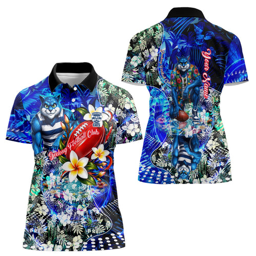 Personalized Geelong Football Cats Women Polo Shirt Tropical Hibiscus Flowers - Pacific Fusion Style