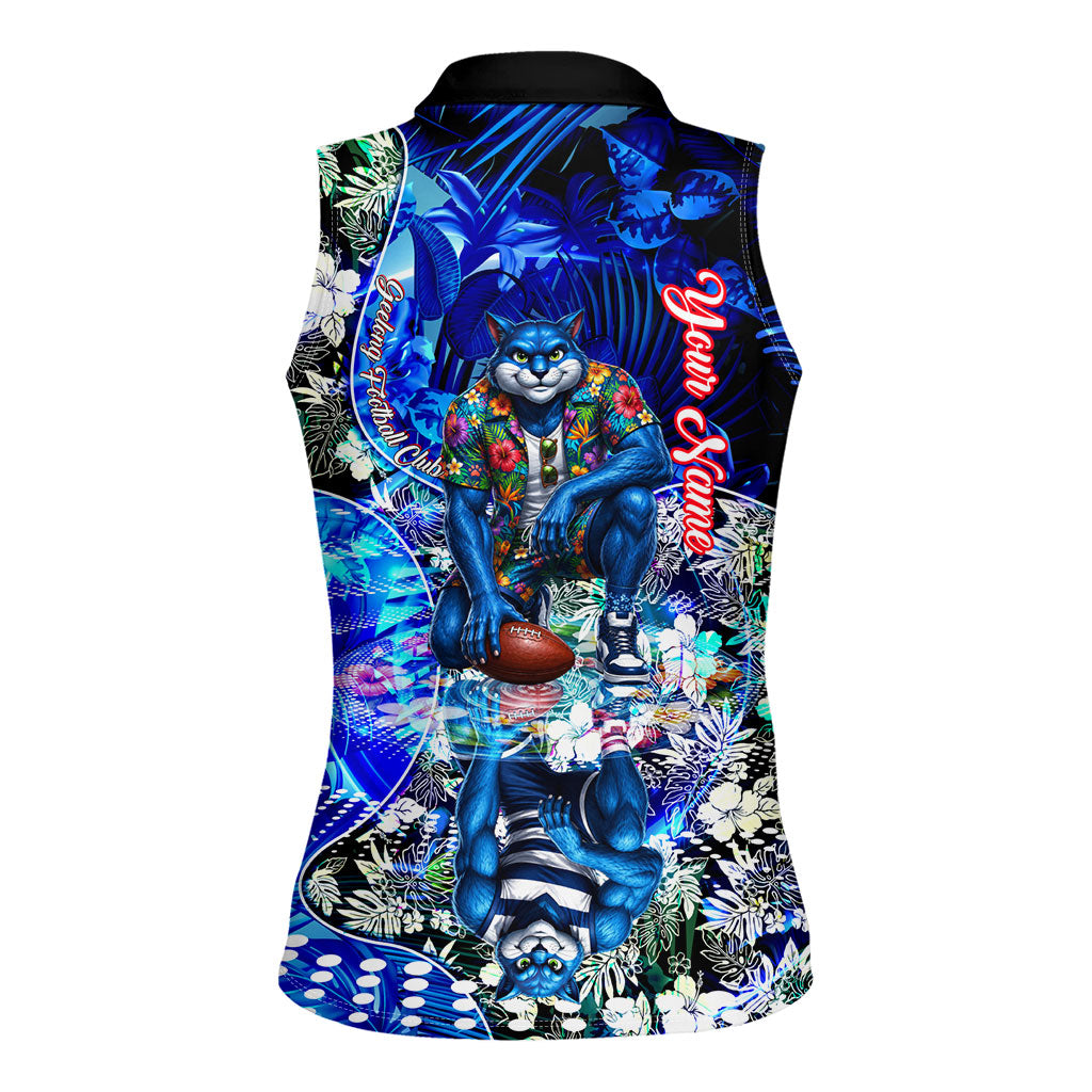 Personalized Geelong Football Cats Women Sleeveless Polo Shirt Tropical Hibiscus Flowers - Pacific Fusion Style