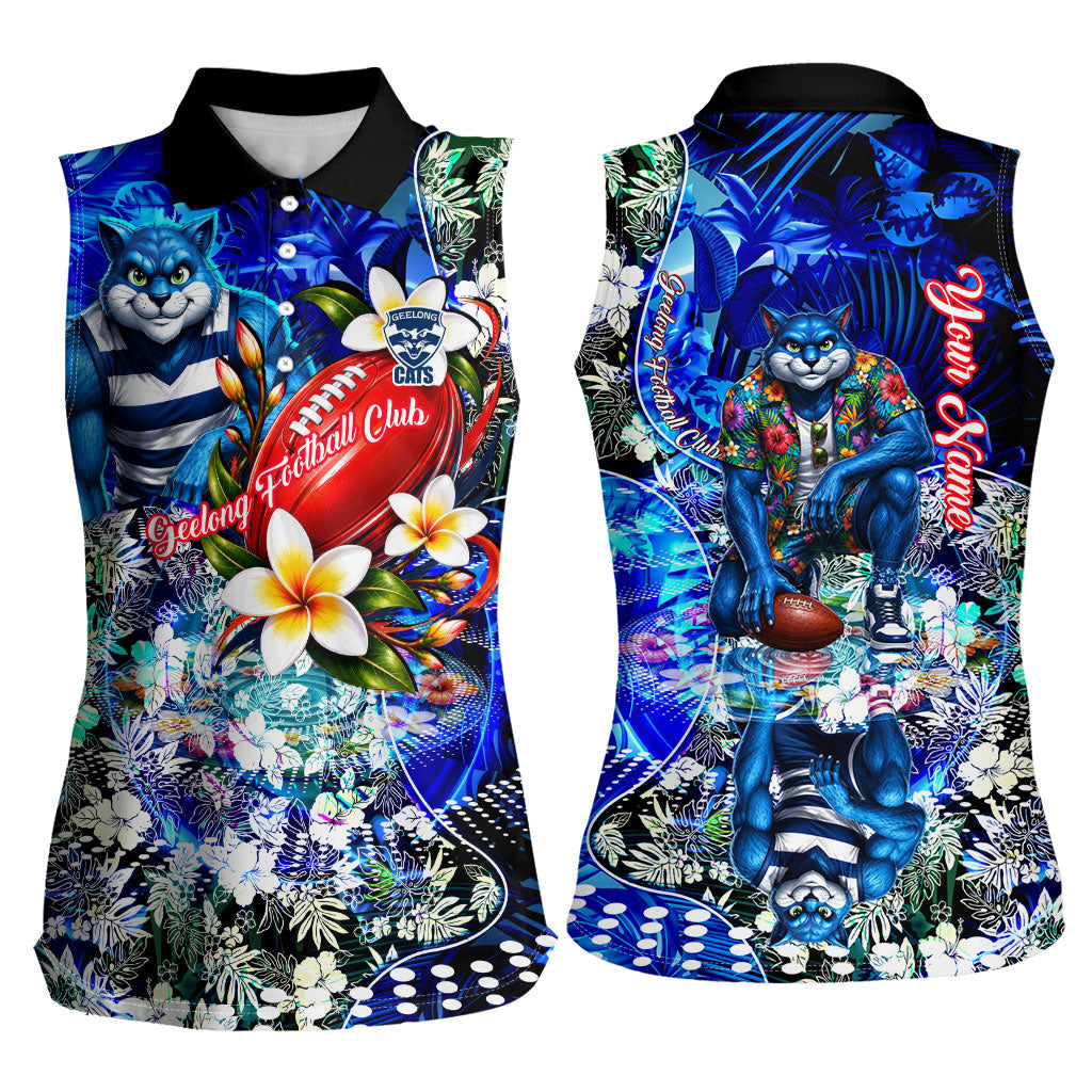 Personalized Geelong Football Cats Women Sleeveless Polo Shirt Tropical Hibiscus Flowers - Pacific Fusion Style