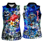Personalized Geelong Football Cats Women Sleeveless Polo Shirt Tropical Hibiscus Flowers - Pacific Fusion Style