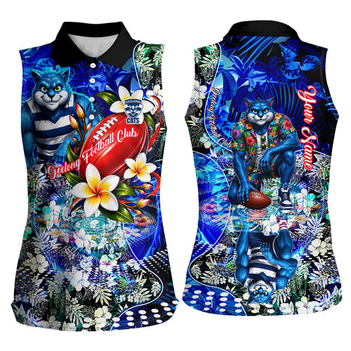 Personalized Geelong Football Cats Women Sleeveless Polo Shirt Tropical Hibiscus Flowers - Pacific Fusion Style