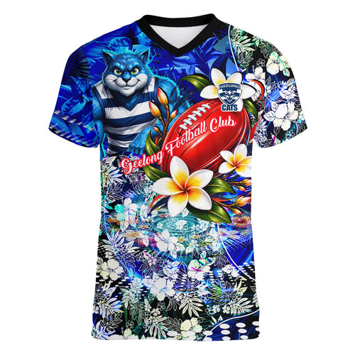 Personalized Geelong Football Cats Women V-Neck T-Shirt Tropical Hibiscus Flowers - Pacific Fusion Style
