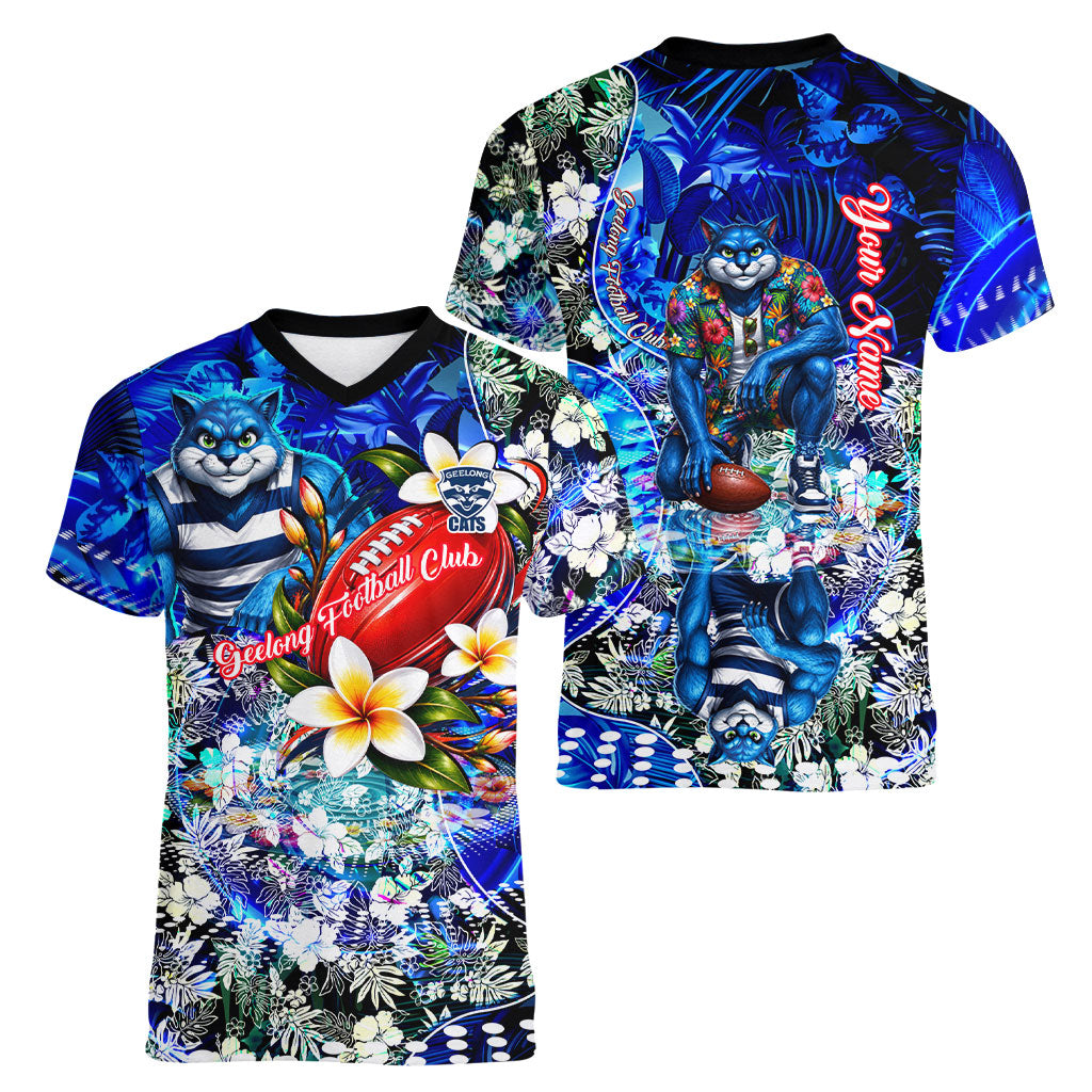 Personalized Geelong Football Cats Women V-Neck T-Shirt Tropical Hibiscus Flowers - Pacific Fusion Style