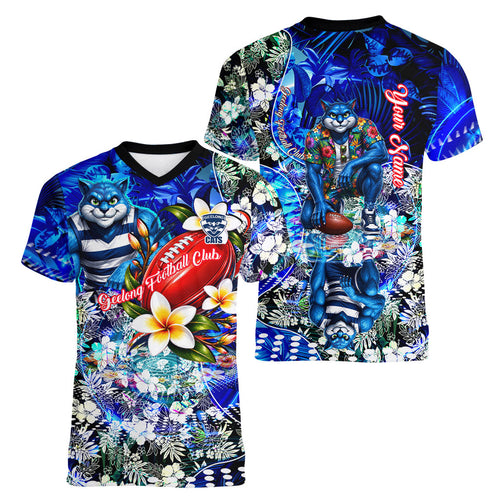 Personalized Geelong Football Cats Women V-Neck T-Shirt Tropical Hibiscus Flowers - Pacific Fusion Style
