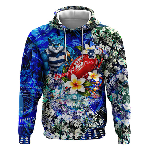 Personalized Geelong Football Cats Zip Hoodie Tropical Hibiscus Flowers - Pacific Fusion Style