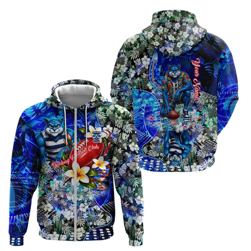 Personalized Geelong Football Cats Zip Hoodie Tropical Hibiscus Flowers - Pacific Fusion Style