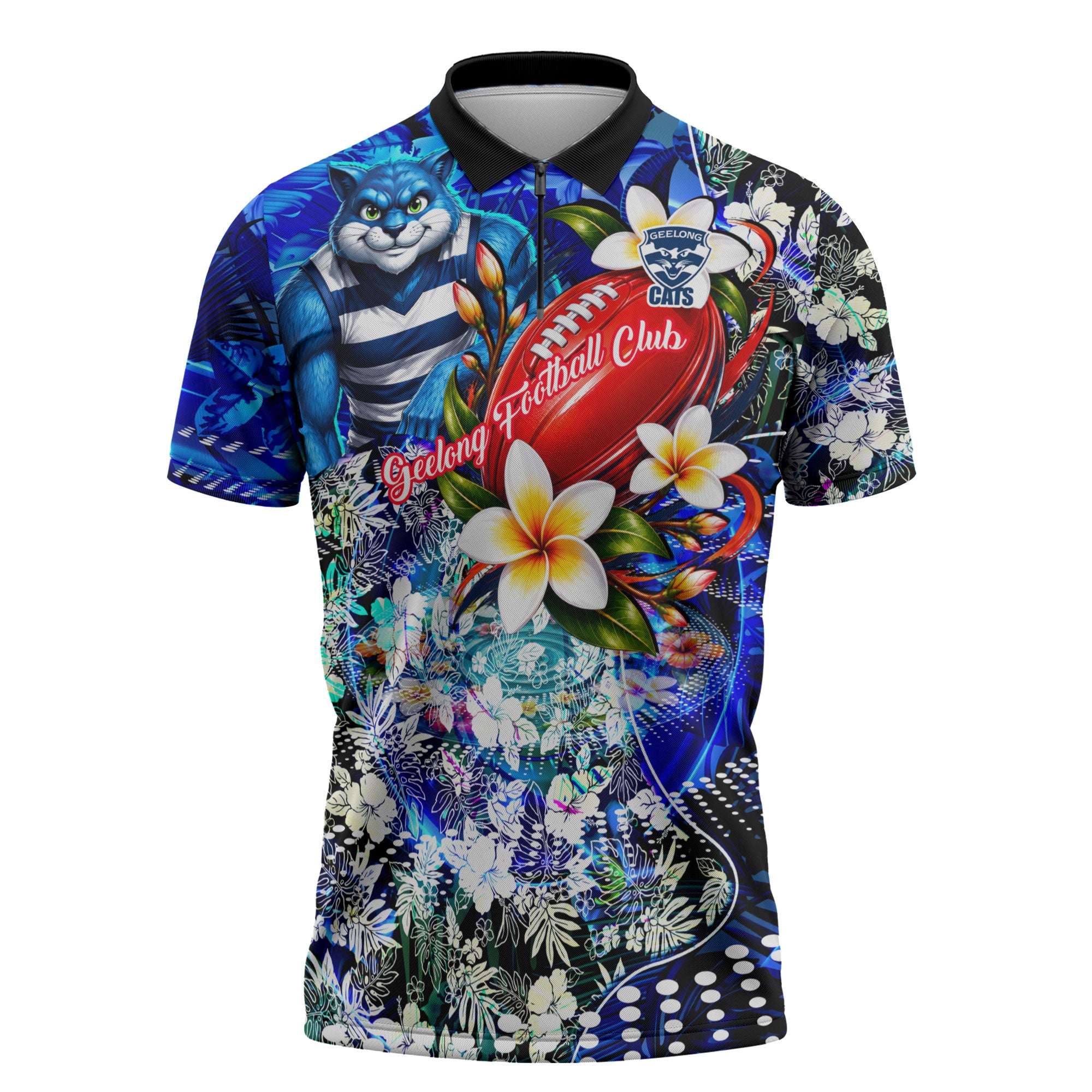 Personalized Geelong Football Cats Zipper Polo Shirt Tropical Hibiscus Flowers - Pacific Fusion Style
