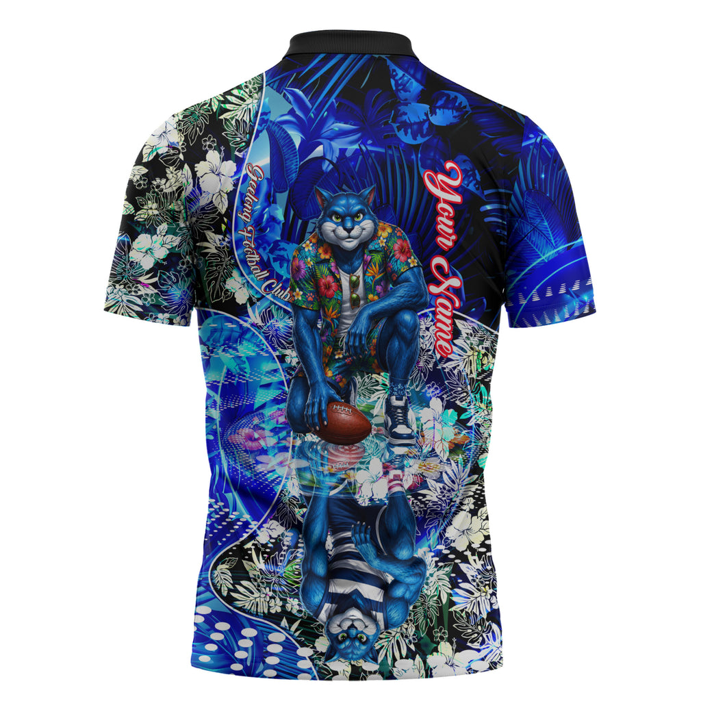 Personalized Geelong Football Cats Zipper Polo Shirt Tropical Hibiscus Flowers - Pacific Fusion Style