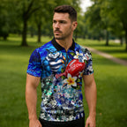 Personalized Geelong Football Cats Zipper Polo Shirt Tropical Hibiscus Flowers - Pacific Fusion Style