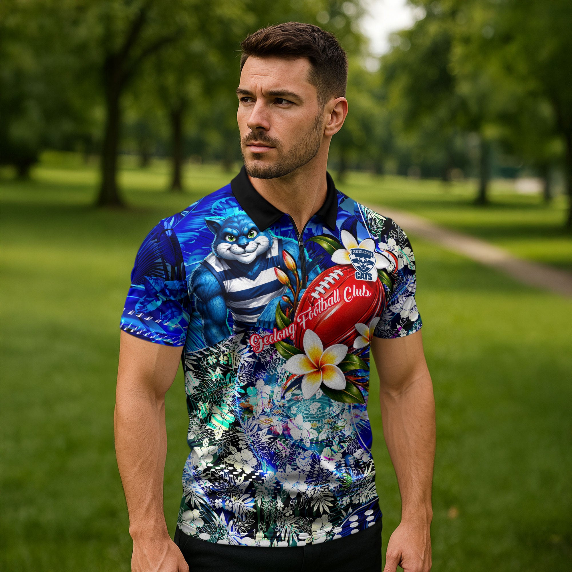 Personalized Geelong Football Cats Zipper Polo Shirt Tropical Hibiscus Flowers - Pacific Fusion Style