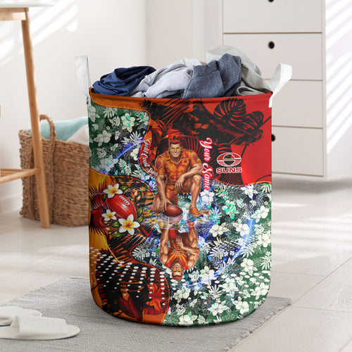 Personalized Gold Coast Suns Football Laundry Basket Tropical Hibiscus Flowers - Pacific Fusion Style