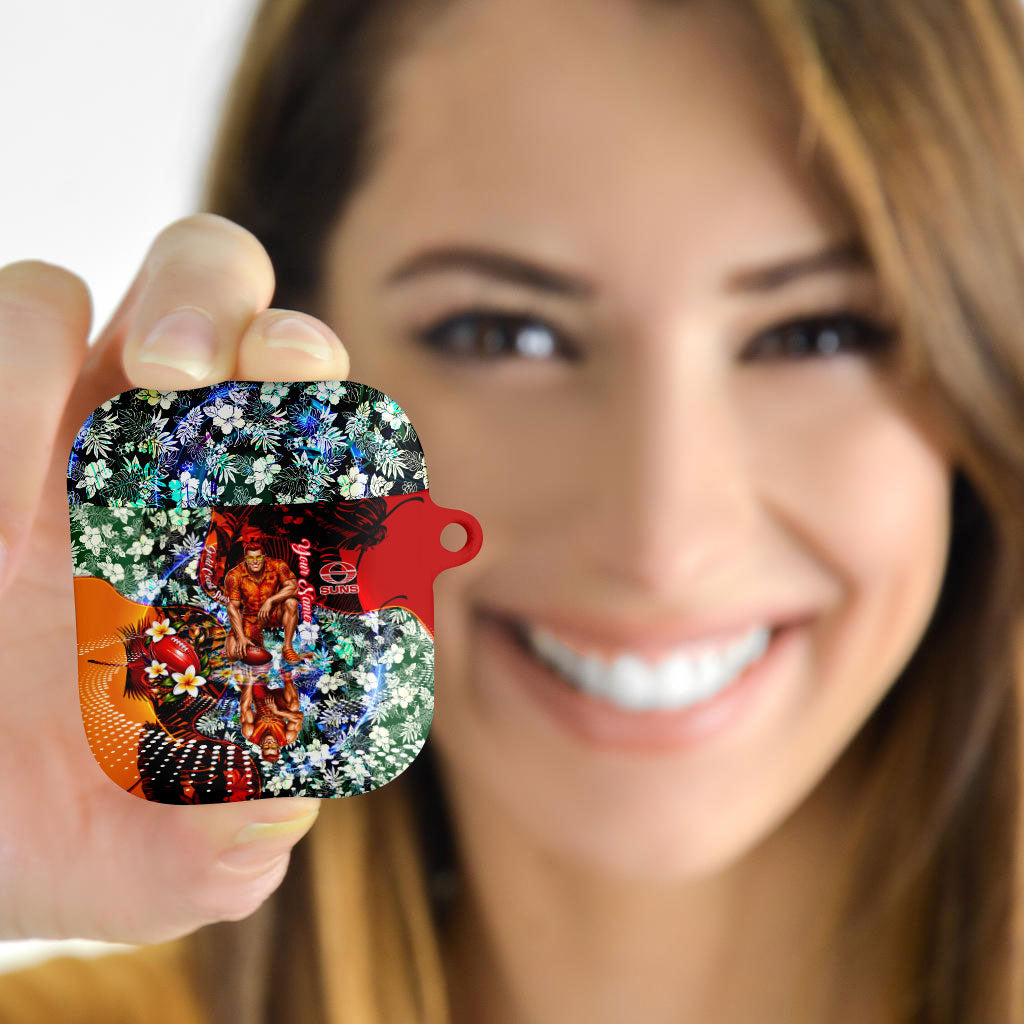 Personalized Gold Coast Suns Football AirPods Case Tropical Hibiscus Flowers - Pacific Fusion Style