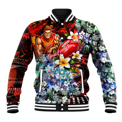 Personalized Gold Coast Suns Football Baseball Jacket Tropical Hibiscus Flowers - Pacific Fusion Style