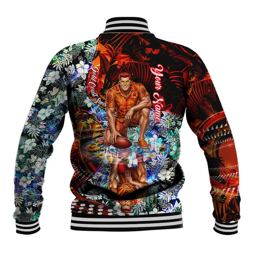 Personalized Gold Coast Suns Football Baseball Jacket Tropical Hibiscus Flowers - Pacific Fusion Style