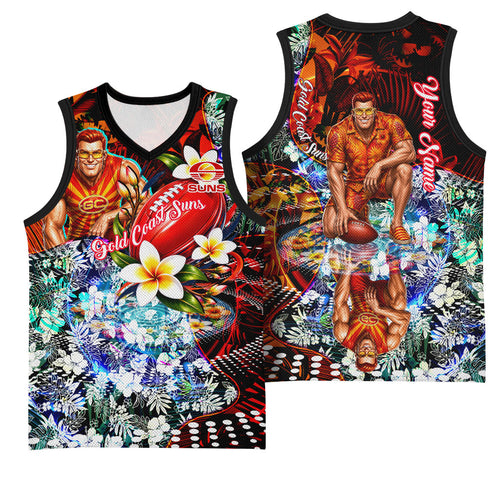 Personalized Gold Coast Suns Football Basketball Jersey Tropical Hibiscus Flowers - Pacific Fusion Style