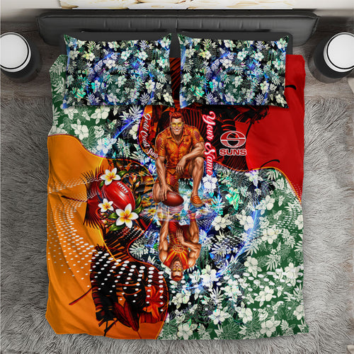 Personalized Gold Coast Suns Football Bedding Set Tropical Hibiscus Flowers - Pacific Fusion Style