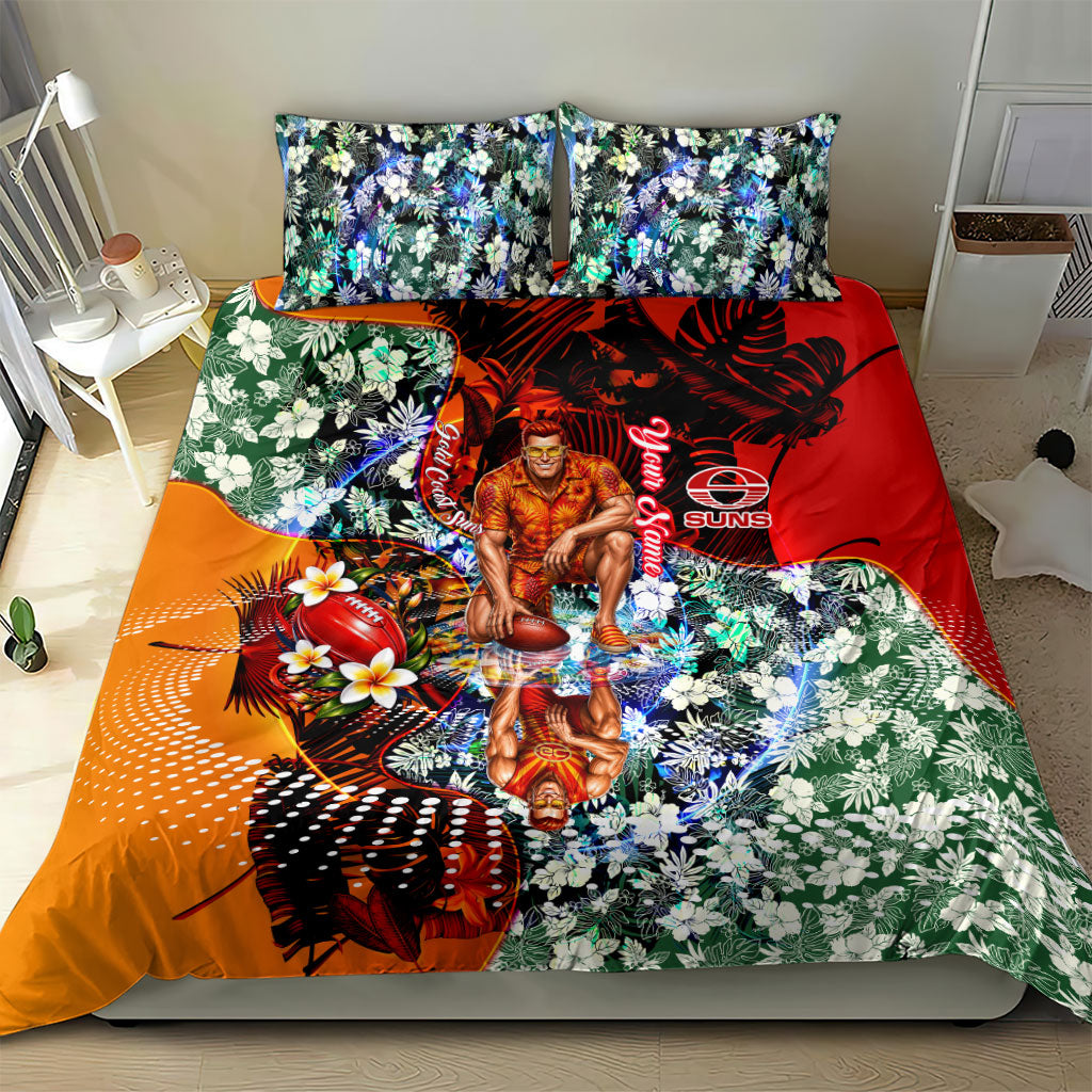 Personalized Gold Coast Suns Football Bedding Set Tropical Hibiscus Flowers - Pacific Fusion Style
