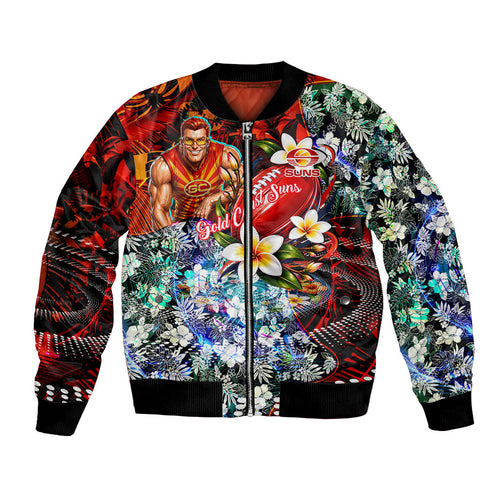 Personalized Gold Coast Suns Football Bomber Jacket Tropical Hibiscus Flowers - Pacific Fusion Style