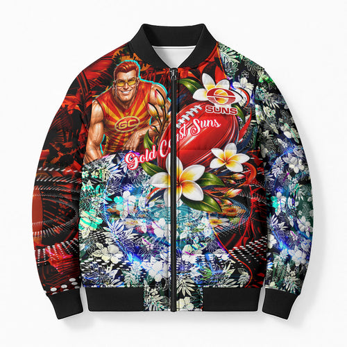 Personalized Gold Coast Suns Football Bomber Puffer Jacket Tropical Hibiscus Flowers - Pacific Fusion Style