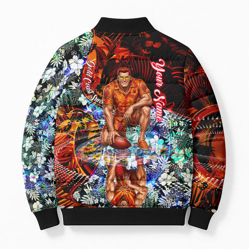 Personalized Gold Coast Suns Football Bomber Puffer Jacket Tropical Hibiscus Flowers - Pacific Fusion Style