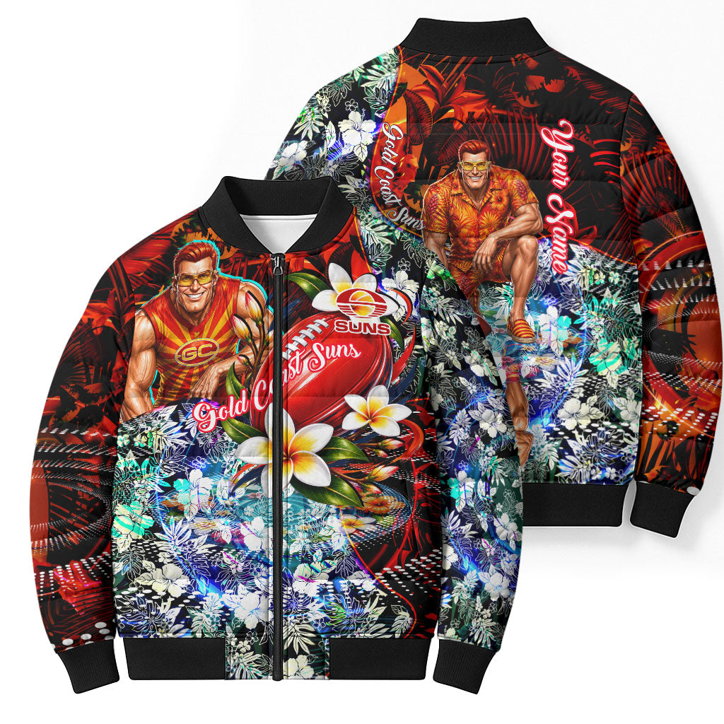 Personalized Gold Coast Suns Football Bomber Puffer Jacket Tropical Hibiscus Flowers - Pacific Fusion Style