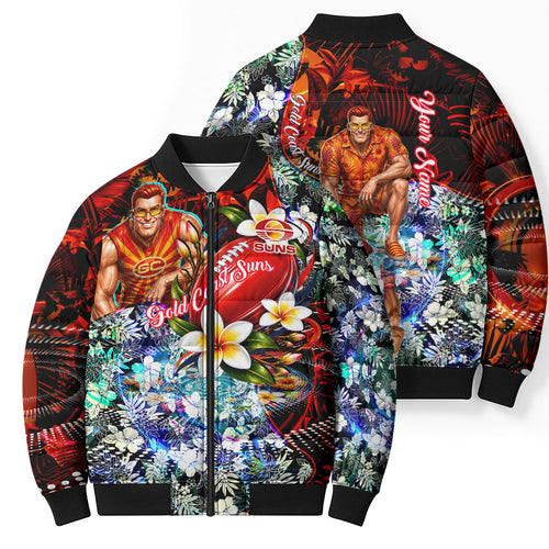 Personalized Gold Coast Suns Football Bomber Puffer Jacket Tropical Hibiscus Flowers - Pacific Fusion Style