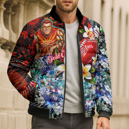 Personalized Gold Coast Suns Football Bomber Puffer Jacket Tropical Hibiscus Flowers - Pacific Fusion Style