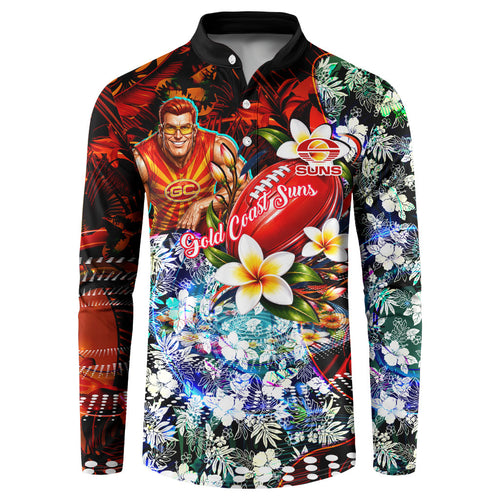 Personalized Gold Coast Suns Football Button Sweatshirt Tropical Hibiscus Flowers - Pacific Fusion Style