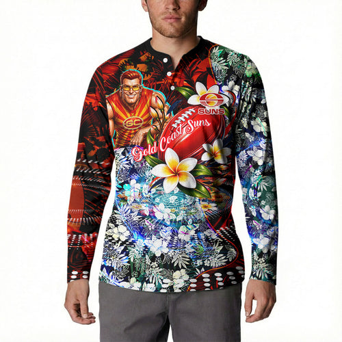 Personalized Gold Coast Suns Football Button Sweatshirt Tropical Hibiscus Flowers - Pacific Fusion Style