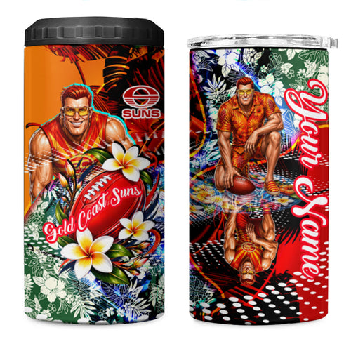 Personalized Gold Coast Suns Football 4 in 1 Can Cooler Tumbler Tropical Hibiscus Flowers - Pacific Fusion Style