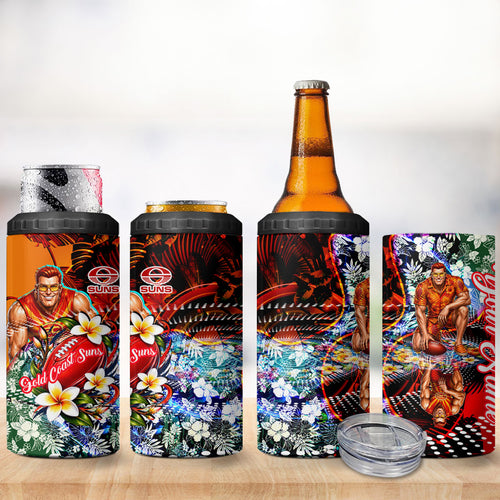 Personalized Gold Coast Suns Football 4 in 1 Can Cooler Tumbler Tropical Hibiscus Flowers - Pacific Fusion Style
