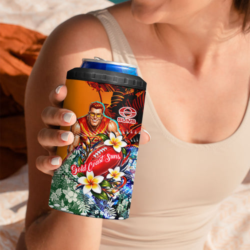 Personalized Gold Coast Suns Football 4 in 1 Can Cooler Tumbler Tropical Hibiscus Flowers - Pacific Fusion Style