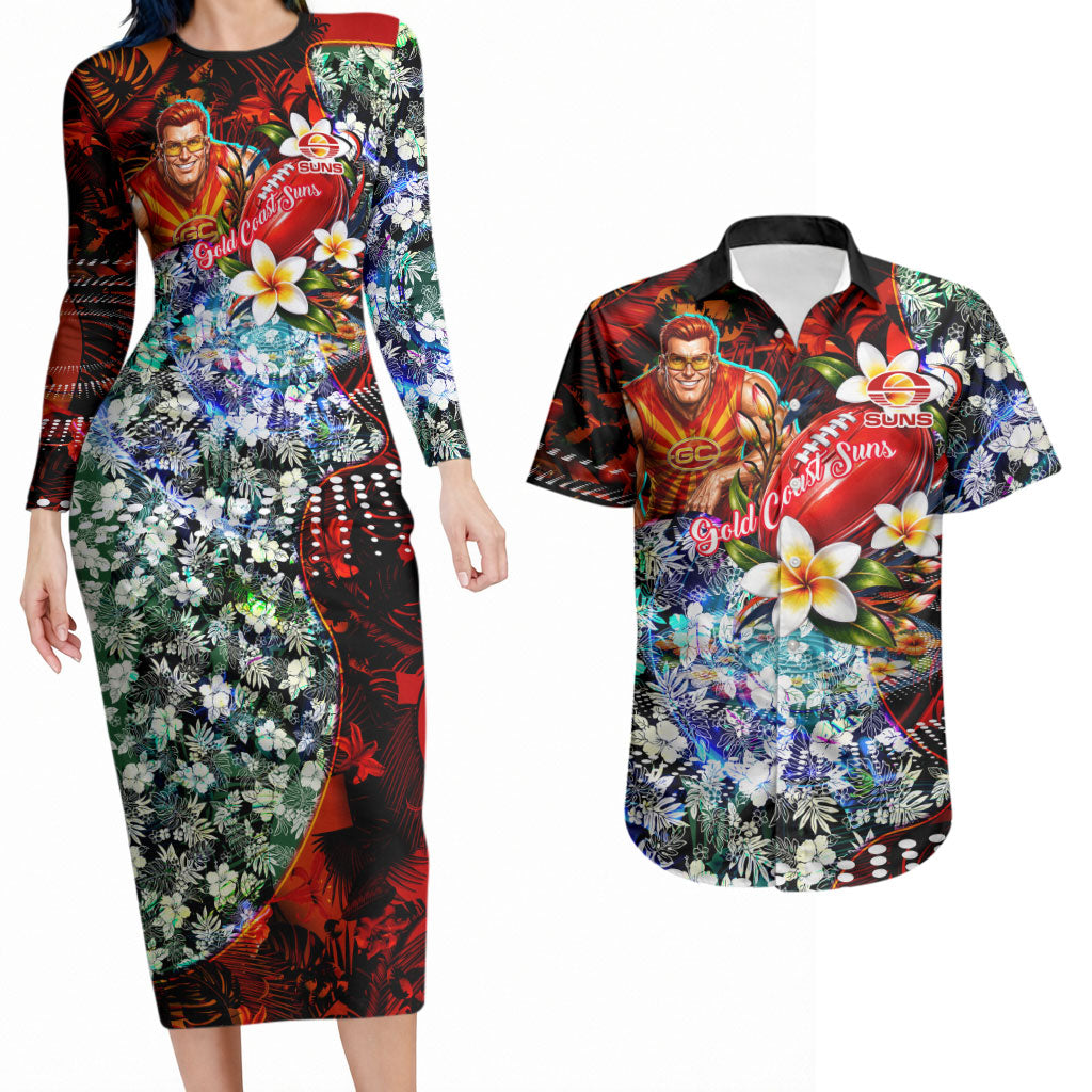 Personalized Gold Coast Suns Football Couples Matching Long Sleeve Bodycon Dress and Hawaiian Shirt Tropical Hibiscus Flowers - Pacific Fusion Style