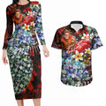 Personalized Gold Coast Suns Football Couples Matching Long Sleeve Bodycon Dress and Hawaiian Shirt Tropical Hibiscus Flowers - Pacific Fusion Style
