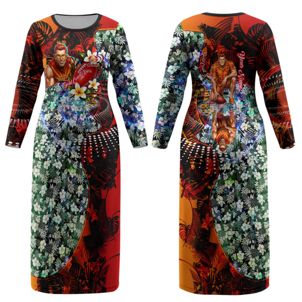 Personalized Gold Coast Suns Football Couples Matching Long Sleeve Bodycon Dress and Hawaiian Shirt Tropical Hibiscus Flowers - Pacific Fusion Style
