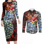 Personalized Gold Coast Suns Football Couples Matching Long Sleeve Bodycon Dress and Long Sleeve Button Shirt Tropical Hibiscus Flowers - Pacific Fusion Style