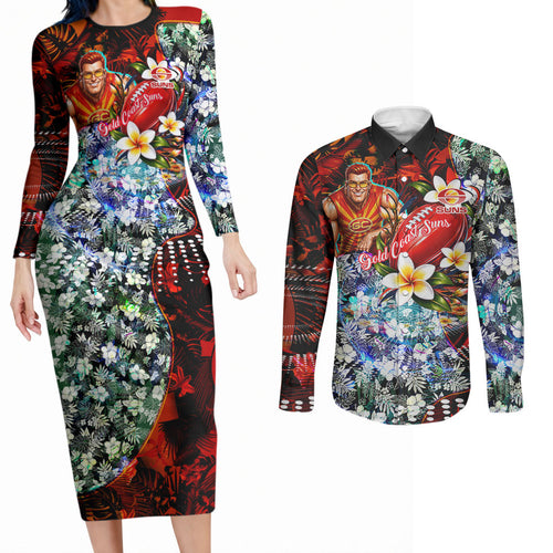 Personalized Gold Coast Suns Football Couples Matching Long Sleeve Bodycon Dress and Long Sleeve Button Shirt Tropical Hibiscus Flowers - Pacific Fusion Style