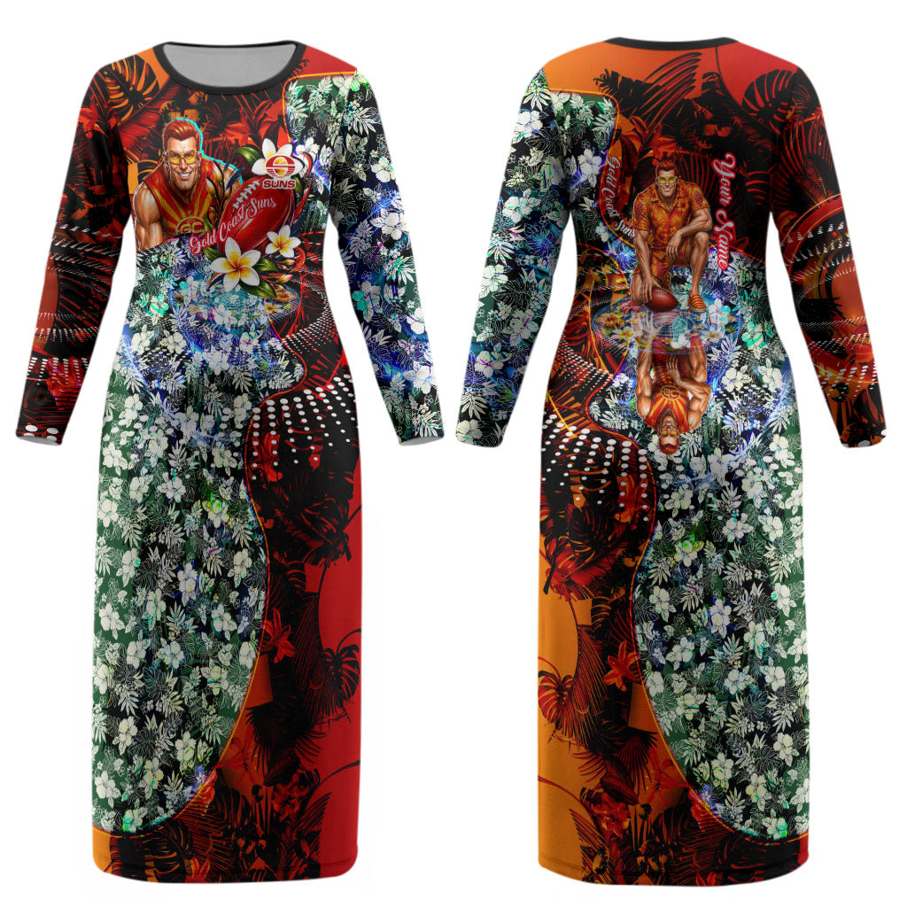 Personalized Gold Coast Suns Football Couples Matching Long Sleeve Bodycon Dress and Long Sleeve Button Shirt Tropical Hibiscus Flowers - Pacific Fusion Style