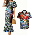 Personalized Gold Coast Suns Football Couples Matching Mermaid Dress and Hawaiian Shirt Tropical Hibiscus Flowers - Pacific Fusion Style