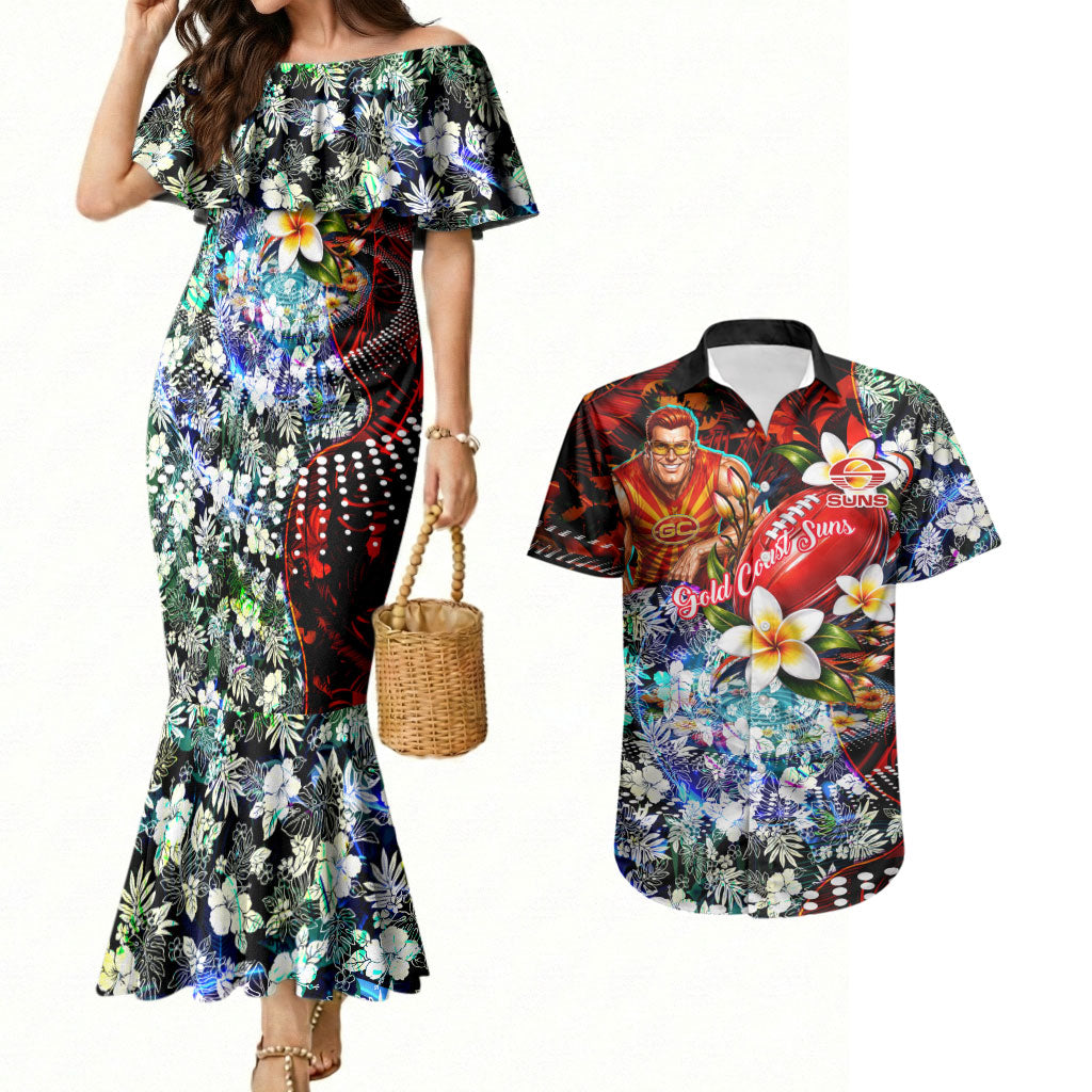 Personalized Gold Coast Suns Football Couples Matching Mermaid Dress and Hawaiian Shirt Tropical Hibiscus Flowers - Pacific Fusion Style
