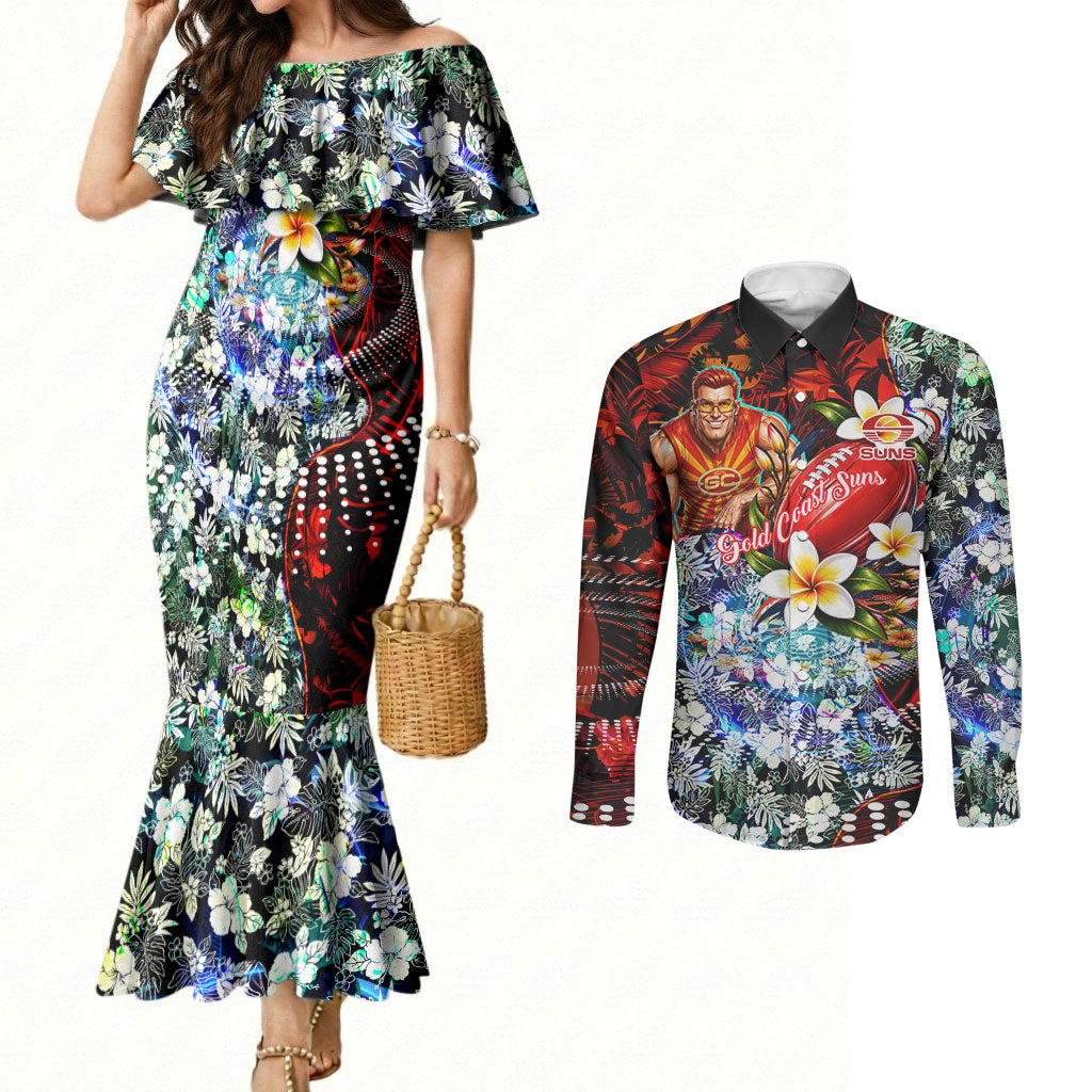 Personalized Gold Coast Suns Football Couples Matching Mermaid Dress and Long Sleeve Button Shirt Tropical Hibiscus Flowers - Pacific Fusion Style