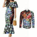 Personalized Gold Coast Suns Football Couples Matching Mermaid Dress and Long Sleeve Button Shirt Tropical Hibiscus Flowers - Pacific Fusion Style